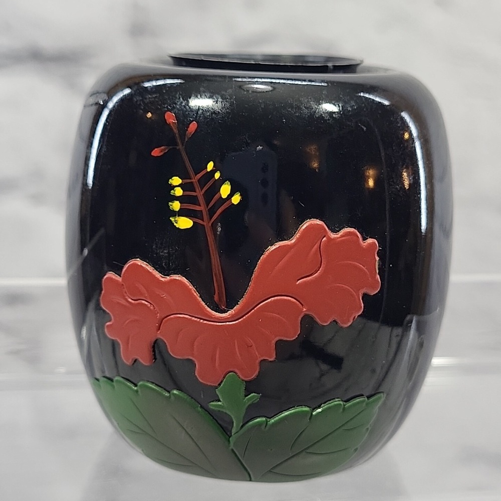 Vintage Japanese Mini‎ Vase Holder Hand Painted Lacquer Small Floral